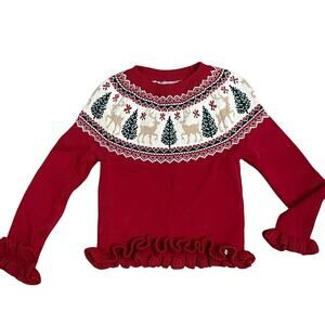 Tahari Girls Christmas Holiday Winter Sweater Red Size Small 5/6 Reindeer Trees